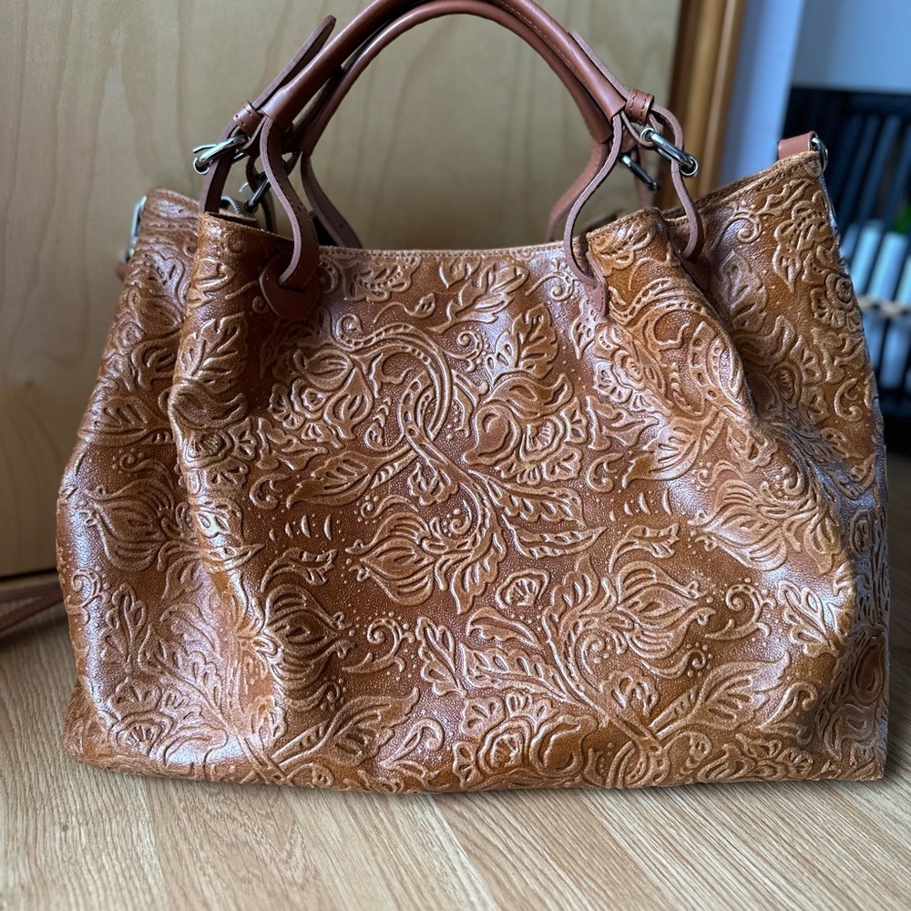 Embossed Tan Leather Handbag